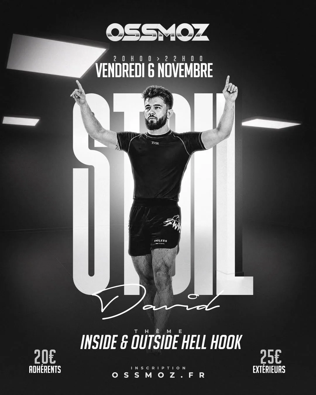 Affiche du séminaire de David Stoil chez OSSMOZ à Melun, vendredi 6 novembre de 20h00 à 22h00, thème Inside & Outside Heel Hook : 20 € pour les adhérents, 25 € pour les extérieurs, inscription sur ossmoz.fr.